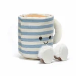 Front view of Jellycat Amuseable Rosie Lea Mug of Tea with blue and cream striped mug design, fluffy slippers, and cord legs.