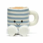 Alternative front view of Jellycat Amuseable Rosie Lea Mug of Tea with stitched smile and fluffy slippers.