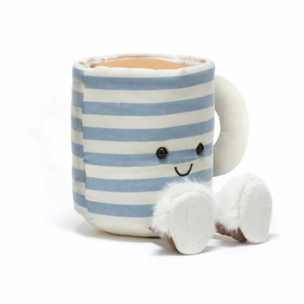 Front view of Jellycat Amuseable Rosie Lea Mug of Tea with blue and cream striped mug design, fluffy slippers, and cord legs.