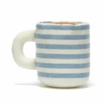 Rear view of Jellycat Amuseable Rosie Lea Mug of Tea highlighting the striped back and Jellycat logo patch.