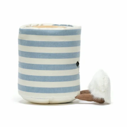 Side view of Jellycat Amuseable Rosie Lea Mug of Tea showing the striped mug body, cream handle, and soft fluffy slippers.